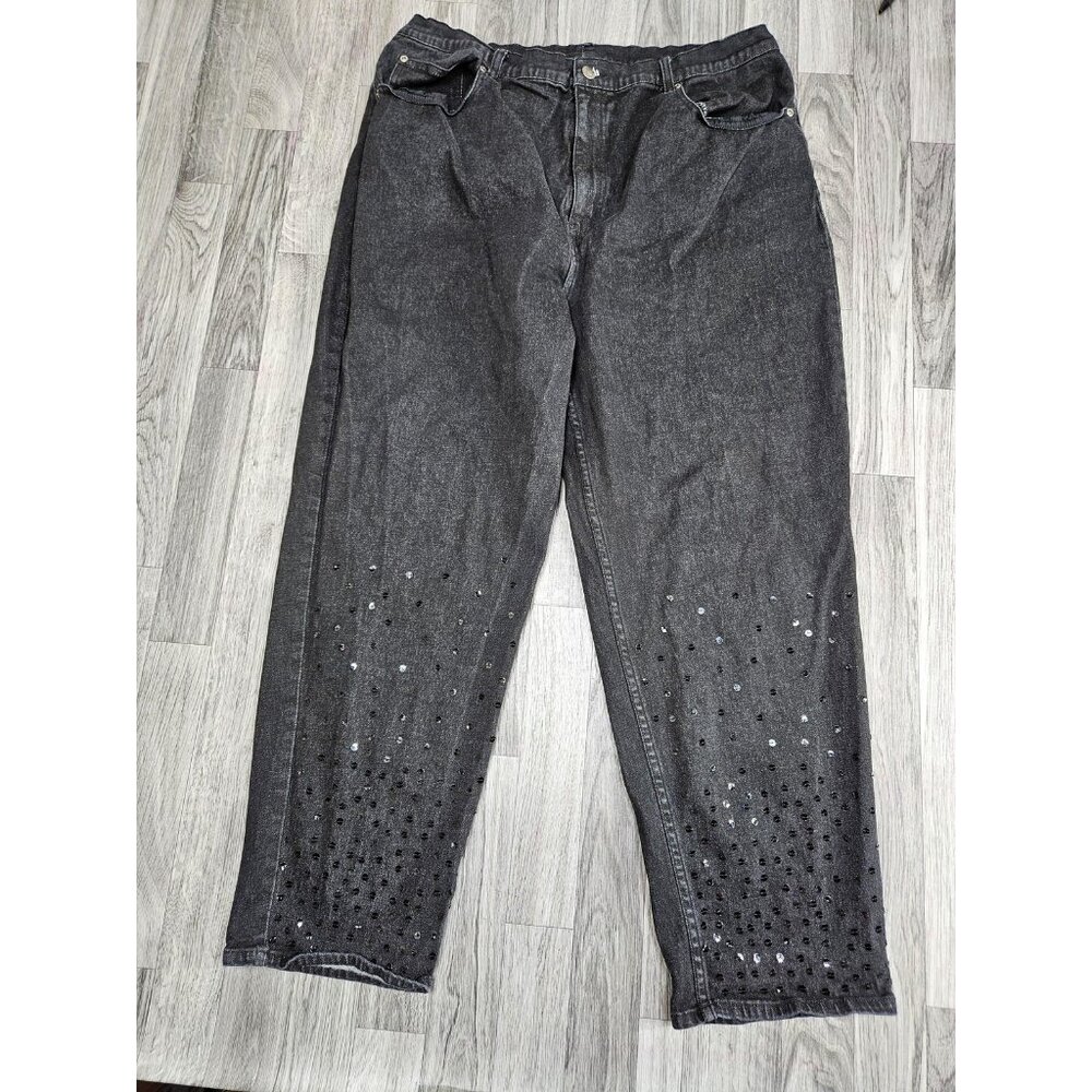 Quacker Factory Womens Plus 22W Black Stretch Embellished Straight Leg Sequins